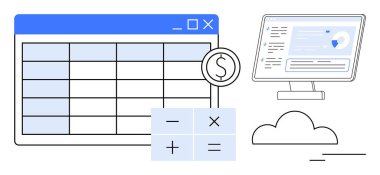 Finans yönetimi, bulut işbirliği, iş analizi, uzaktan çalışma, veri görselleştirme, çevrimiçi sistemler. Hesap tablosu, hesap makinesi bulutu ve bilgisayar monitörü. Finans yönetimi ve bulut