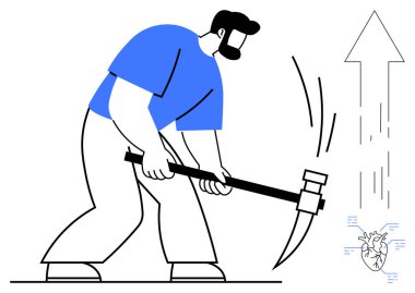 Kişisel gelişim, kararlılık, fiziksel güç, azim, başarı, kardiyoloji. Adam kazmaya ok ve kalple vuruyor. Azim ve başarı kavramları