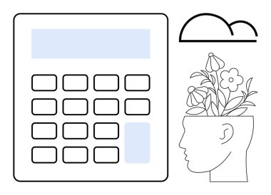 Hesap makinesi, çiçekli sembolik kafa, bulut. Yaratıcılık, büyüme, denge, yenilik, problem çözme farkındalığı için idealdir. Basit düz mecazı temizle
