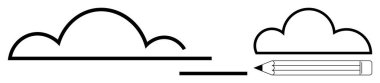 Tasarım, yaratıcılık, beyin fırtınası, çizim, yenilik, bulut hesaplama. Bulutları ve kalemi gösteren minimalist tasarım. Bu modern tasarımda yaratıcılık ve çizim kavramları