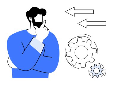 İş stratejisi, iş akışı yönetimi, karar verme, problem çözme, teknik ilerleme, işletim süreçleri. Dişliler ve oklarla düşünen bir adam. İş stratejisi ve iş akışı yönetimi