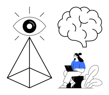 Yaratıcılık ve zeka. Beyin sembolü ile yaratıcılık ve göz piramidi ile yenilik. Teknoloji ve fikirlerle bağlantılı yaratıcılık. Teknoloji, eğitim ve tasarım görselleri için harika.