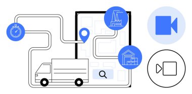 Lojistik, dağıtım yönetimi, teknoloji, tedarik zinciri, gerçek zamanlı izleme, izleme sistemleri. Kamyon ile rota haritası, zamanlayıcı fabrikası depo simgeleri. Lojistik ve dağıtım yönetimi kavramı