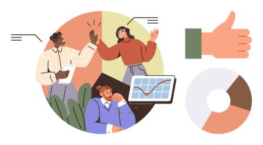 Profesyoneller ilerlemeyi çizelgeler, grafikler ve takım çalışmasını, başarıyı ve büyümeyi sembolize eden bir onay ile tartışırlar. İş, liderlik, motivasyon analizi, verimlilik işbirliği için ideal