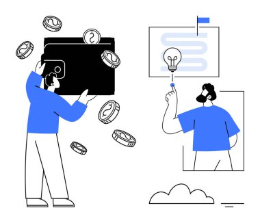 Finansal planlama bir cüzdan, bozuk para ve yaratıcı fikirlerle kavramsallaştırıldı. Yenilikler ve hedefler tarafından yürütülen mali kararlar. Bütçe, fintech, girişimler ve eğitim için mali stratejiler