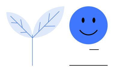 Soyut tasarım. Mavi mutlu yüz ve minimalist bitki çizimi büyümesi ve pozitifliği. Soyut modern estetik ve kavramsal tasarımı birleştirir. Markalaşma, pazarlama, eğitim, eko