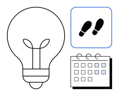 Yenilik için ampul, organizasyon için takvim, eylem ve ilerleme için ayak sesleri. Planlama, programlama, yaratıcılık, fikir üretkenlik, hedef belirleme stratejisi için idealdir. En düşük düz