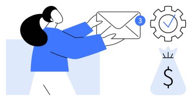 Uyarı mesajı taşıyan bir e-posta tutan kadın, iletişimi sembolize ediyor. İşaretli vites ve iş akışını, karlılığı simgeleyen para. Konseptler için idealdir. E-posta pazarlamasını onaylar