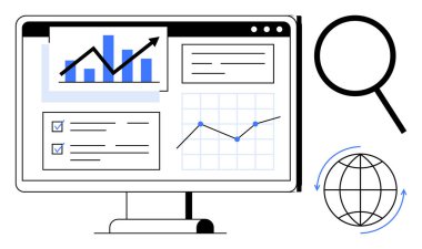 Masaüstü ekranında tablolar, grafikler ve veri kutuları gösterilir. Büyüteç ve küre ikonu küresel analitiği akla getiriyor. Veri analizi, iş büyümesi, raporlama, strateji, istatistik teknolojisi için ideal