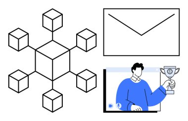 Soyut engelleme ağı şeması, iletişimi sembolize eden zarf ve çevrimiçi ödül sunumu. Engelleme zinciri, siber güvenlik, dijital iletişim, uzaktan çalışma, e-posta pazarlama için ideal
