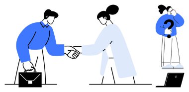 İş ortaklıkları, profesyonel işbirliği, karar verme, adam toplama, iş yeri iletişimi, takım çalışması. İki birey el sıkışırken, diğeri bir soru üzerinde kafa yoruyor. İş ortaklıkları