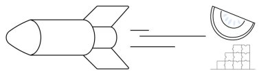 Roket konsepti. Roket hız ve ilerlemeyi soyut şekillerle aktarmak yenilik ve teknolojiyi şekillendirir. Roket arasında uzay, girişim yeniliği, gelecekteki keşifler, mühendislik yer alıyor
