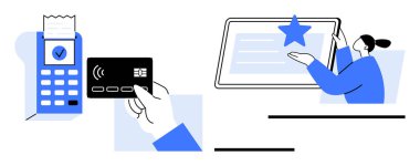 Dijital işlemler, e-ticaret, finansal hizmetler, temassız ödemeler, sanal etkileşimler, kullanıcı ilişkileri. Ödeme terminalinin yanında kart tutan bir el ve iletişim kuran bir kişi.