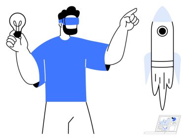 Yenilik, teknoloji, sanal gerçeklik, girişimler, yaratıcı düşünce, eğitim. Ampul tutan ve roketi işaret eden VR kulaklık takan bir adam. Yenilik ve teknoloji kavramı