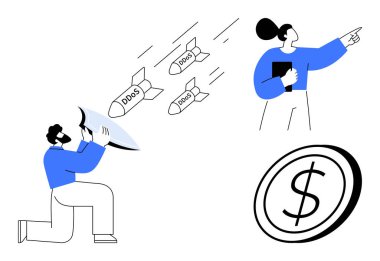 Siber güvenlik, DDoS saldırıları, internet güvenliği, finansal riskler, teknolojik çözümler, veri koruması. Bir erkek yaklaşan tehditlere karşı savunur, bir kadın gözlemler ve bir dolar maddi etki yaratır.