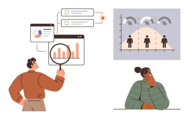 Çizelgeleri büyüteçle inceleyen kişi, yüzde grafiği, düşünceli kişi. İstatistik, strateji, iş, karar verme, araştırma pazarı analizi problem çözme için idealdir. Basit.