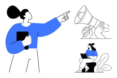 İletişim konsepti. Bir kadın karakter, megafon ve dijital aletler vasıtasıyla iletişim bir dizüstü bilgisayarı işaret eder. İş dünyasında iletişim, takım çalışması, dijital ağ, eğitim