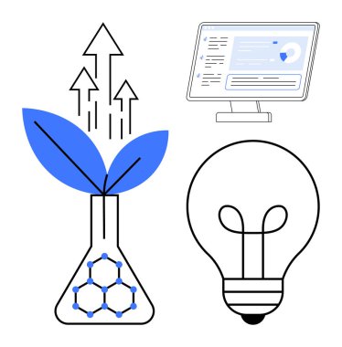 Yenilenebilir enerji, sürdürülebilirlik, yenilik, çevre dostu teknoloji, bilim, ilerleme. Bilgisayar verileri ve ampullerle dolu bir şişede büyüyen bitki. Yenilenebilir enerji ve sürdürülebilirlik kavramları