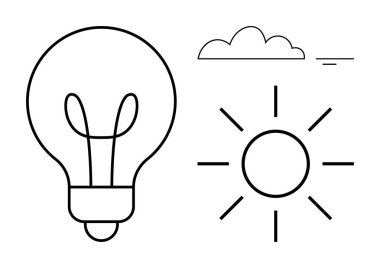 Enerji konsepti. Ampul, güneş ve bulutun enerji kaynaklarını ve sürdürülebilir fikirleri yansıtan minimalist siyah çizgi sanatı. Enerji yenilikleri, alternatif güç ve doğal ilham. Çok Yönlü