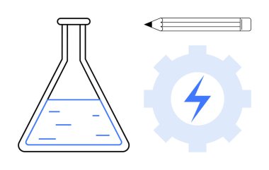 Eğitim, araştırma, yaratıcılık, mühendislik, problem çözme, yenilik. Laboratuvar şişesi, kalem ve yıldırımlı teçhizat bileşimi. Eğitim ve araştırma kavramları