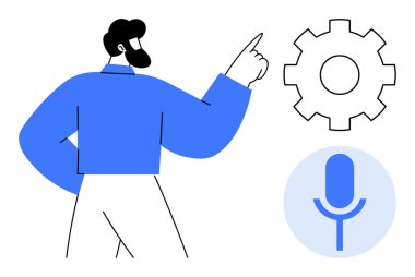 Teknoloji, ses kontrolü, otomasyon, kullanıcı arayüzü, yapay zeka, gelecekteki yenilikler. Altında mikrofon sembolü olan bir vites simgesini gösteren bir kişi. Teknoloji ve ses kontrol illüstrasyonları