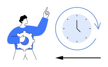 Zaman yönetimi. Elinde saat yönetimini, verimliliği ve planlamayı gösteren bir vites tutan biri. Verimlilik ve proje süreleri için zaman yönetimi. İş için, organizasyon