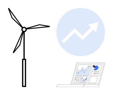 Yenilenebilir enerji, veri analizi, çevresel sürdürülebilirlik, iş büyümesi, enerji verimliliği, yeşil teknoloji. Yükselen grafiği ve grafikleri gösteren dizüstü bilgisayarı olan rüzgar türbini. Yenilenebilir enerji