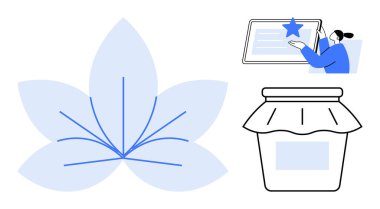 Sağlık, dijital öğrenme, ürün kalitesi, organik ürünler, yaratıcılık, sanatsal ürünler. Minimalist tasarım stilize edilmiş bir yaprak, kavanoz ve tabletle etkileşim halinde olan bir insan. Sağlık ve dijital öğrenim