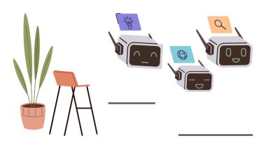 Fikir, arama ve web simgeleri taşıyan gülümseyen yapay zeka robotları, saksı bitkisi ve dışkıyla eşleştirildi. Yenilik için ideal, yapay zeka teknolojisi, takım çalışması, iletişim, çevre yaratıcılığı basit düz