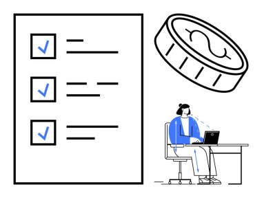 İş planlaması. İş planlama simgeleri, dizüstü bilgisayar verimliliği ve finansal stratejilerdeki bir kadınla birlikte kontrol listesi ve parayı onayladı. İş, finans, üretkenlik, analiz için