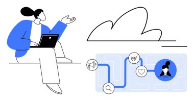 Bulut hesaplama, e-ticaret, dijital strateji, veri görselleştirme, teknoloji trendleri, internet sektörü. Dizüstü bilgisayarlı kişi bulut ve veri sembollerine doğru hareket eder. Bulut hesaplama ve e-ticaret teması