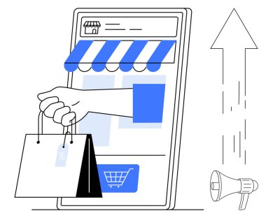 E-ticaret, çevrimiçi alışveriş, dijital pazarlama, büyüme, perakende işi, tüketici davranışı. Mobil ekranı mağaza önü, alışveriş torbaları büyüme oku ve megafonu. E-ticaret