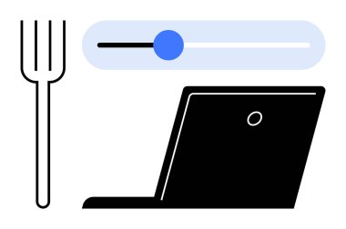 Çevrimiçi sipariş, dijital yemek, yemek menüsü seçimi, yemek pişirme, teknoloji, kullanıcı etkileşimi. Dizüstü bilgisayarı, çatalı ve yemek kaydırma ikonu olan minimal tasarım. Çevrimiçi sipariş ve dijital yemek kavramı