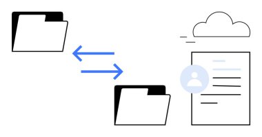 Veri transferi, bulut depolama, dijital organizasyon, çevrimiçi belge paylaşımı, iş akışı yönetimi, uzaktan erişim. Dizinleri ve bulut simgesini belgeye bağlayan oklar. Veri aktarımı ve bulut