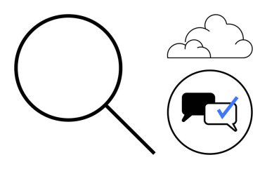 Bulut ve konuşma baloncuklarının yanında büyüteç, keşif, veri alışverişi, doğrulama ve bağlantıyı işaret eden işaretli. Araştırma, iletişim, bulut hesaplama ve teknoloji için ideal