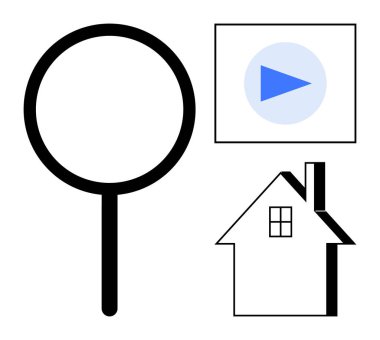 Ev araması, online navigasyon, gayrimenkul, multimedya, ev keşfi, dijital keşif. Büyüteç, ev ikonu ve çalma tuşu. Ev araması ve çevrimiçi navigasyon kavramı