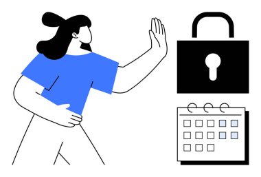 Kilitli asma kilit ve takvimin yanında, güvenlik, mahremiyet, zaman yönetimi, veri koruması, kısıtlı erişim, organizasyon, karar verme mekanizmasını gösteren bir kadın. Kavram için ideal