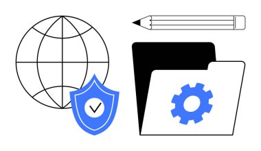 Siber güvenlik, veri koruması, sistem yönetimi, küresel bağlantı, şirket araçları, bilişim hizmetleri. İşaretli kalkan, dişli küre kalemli klasör. Siber güvenlik ve veri koruması
