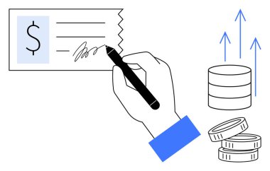 Bankacılık, finansal yönetim, yatırım planlaması, gelir üretimi, tasarruf, sermaye büyümesi. Bozuk para desteleri ve büyümeyi gösteren oklarla çek imzalayan bir el. Bankacılık ve mali yönetim