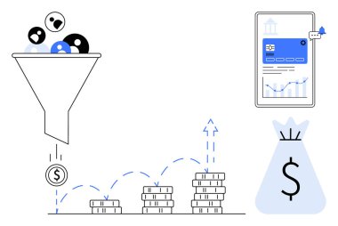 Satışlar, yığınla madeni para ve finansal büyüme ile kullanıcıları gelirlere dönüştürüyor. Pazarlama stratejileri, iş analizleri, lider nesil, e-ticaret, finans, ROI, yatırım için ideal