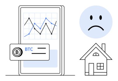 Kripto para birimi kaybı teması. Bitcoin grafiğinin görselleştirilmesi ve kaybı yansıtan üzgün bir yüz. Konut yatırımlarında finansal gerilemeyi kavramlaştırmak için bir ev simgesi içerir. Fintech için ideal