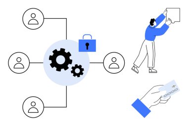 Veri güvenliği kavramı. Kullanıcı ağı bağlantıları, güvenli ödeme ve takım çalışması ile veri koruması. Veriler hassas işlemleri ve işbirliğini korur. Fintech, IT, takım çalışması, yönetim için