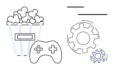 Eğlence, oyun, endüstri, teknoloji, dijital medya, eğlence aktivitesi. Patlamış mısır kovası, oyun kontrol dişlileri sembol tasarımı. Oyun ve teknoloji endüstrisi kavramı