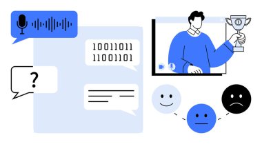 Speech recognition, binary data streams, messaging bubbles, virtual presentation with a trophy, and emotion icons. Ideal for communication tech, AI, feedback systems, data analysis online