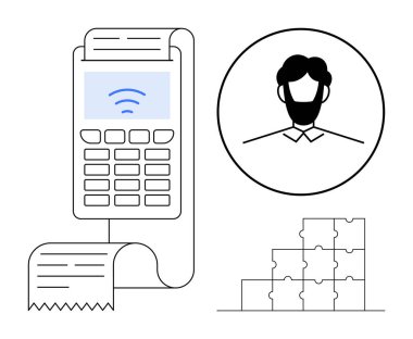 Temassız ödeme konsepti. Modern POS terminaline sahip temassız teknoloji, güvenli işlemler için kullanıcı kimliği ve bulmaca parçaları çözümleri. Fintech, perakende, güvenlik, çözümler için