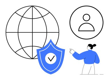 Siber güvenlik, kullanıcı doğrulaması, çevrimiçi kimlik, küresel bağlantı, veri güvenliği, gizlilik koruması. Soyut dünya, kullanıcı simgesini gösteren kişi ile kalkan. Siber güvenlik ve online