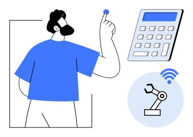 Teknoloji, otomasyon, yenilik, robotik, dijital arayüzler, akıllı aletler. Düğmeye, hesap makinesine ve kablosuz ikonlu robot kola bakan adam. Teknoloji ve otomasyon kavramı