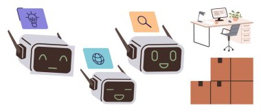 Neşeli yüzlü robotlar fikirleri keşfeder, internette arar ve malları saklarlar. İçinde monitör, lamba, sandalye ve istiflenmiş kutular olan düzenli bir masa var. Yenilik ve araştırma için ideal yapay zeka organizasyonu