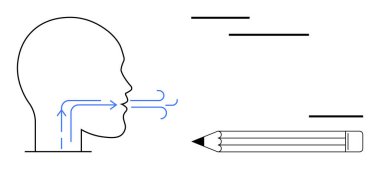 İletişim, yaratıcılık, eğitim, beyin fırtınası, fikir üretme, içerik oluşturma. Okların dili ve kalemi olan bir insan kafası. Beyin fırtınası için iletişim ve yaratıcılık kavramı