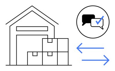 Depo binası istiflenmiş kutularla envanteri, oklar değişimi simgeler ve konuşma baloncukları iletişimi gösterir. Depolama, nakliye, yönetim, takım çalışması, ticaret, lojistik için ideal